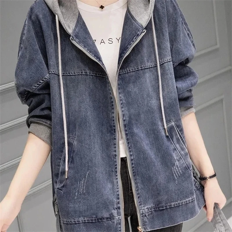 Women\'s Denim Jacket 2023 New Spring Autumn Fashion Korean Long Sleeve Jeans Coat Casual Hooded Baseball Uniform Top Clothes