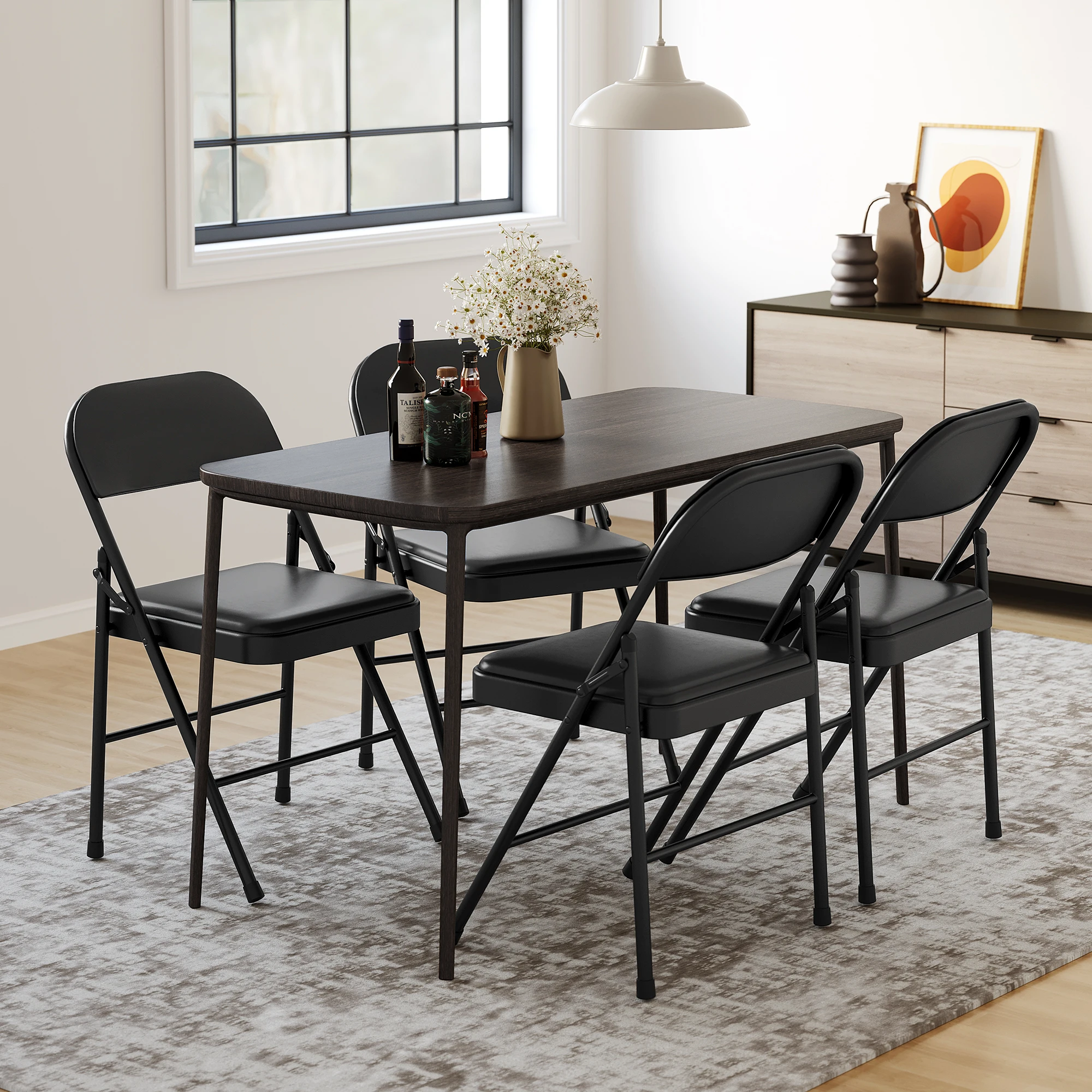 Folding Chairs Set of 4, PU Upholstered Foldable Chairs with Metal Frame Hold Up to 350 Pounds, Portable Folding Chairs Suitable for Dining Room, Living Room, Office