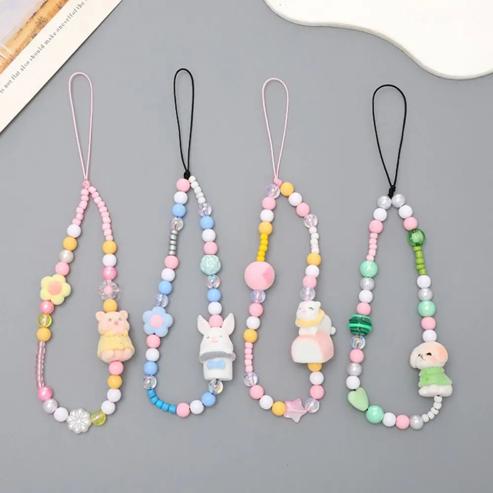 Cartoon Beaded Mobile Phone Chain Flocked Doll Mobile Phone Case Small Fresh Short Style Wrist Strap Women'S Style