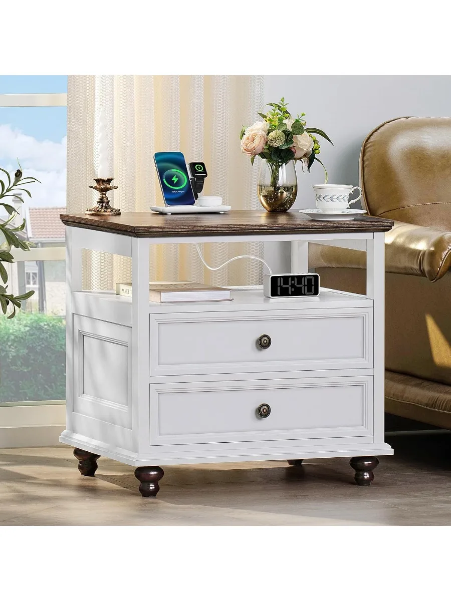 Farmhouse Nightstand Set of 2 with Charging Station, 24