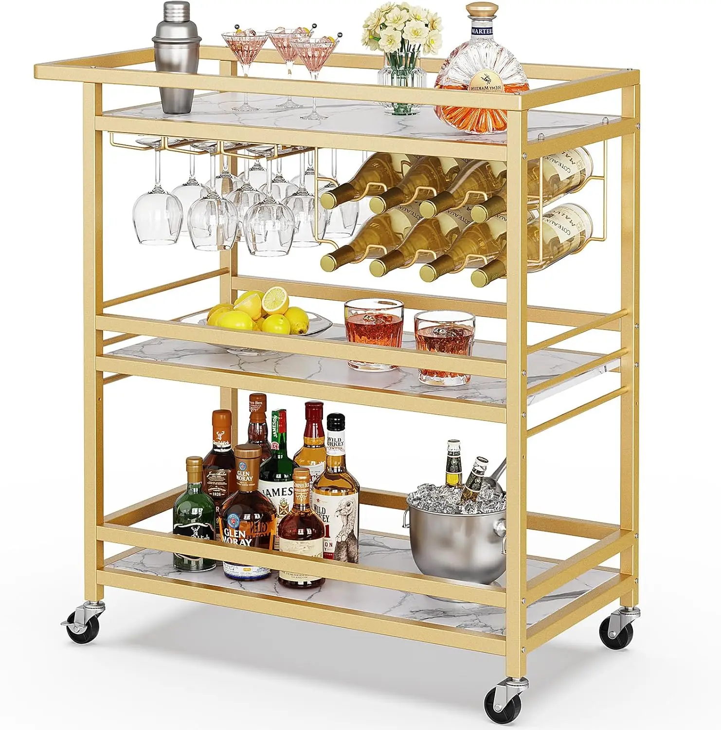 

3-Tier Gold Rolling Bar Cart with Marbled Wood Shelves, Wine Rack & Wheels for Kitchen Dining Room