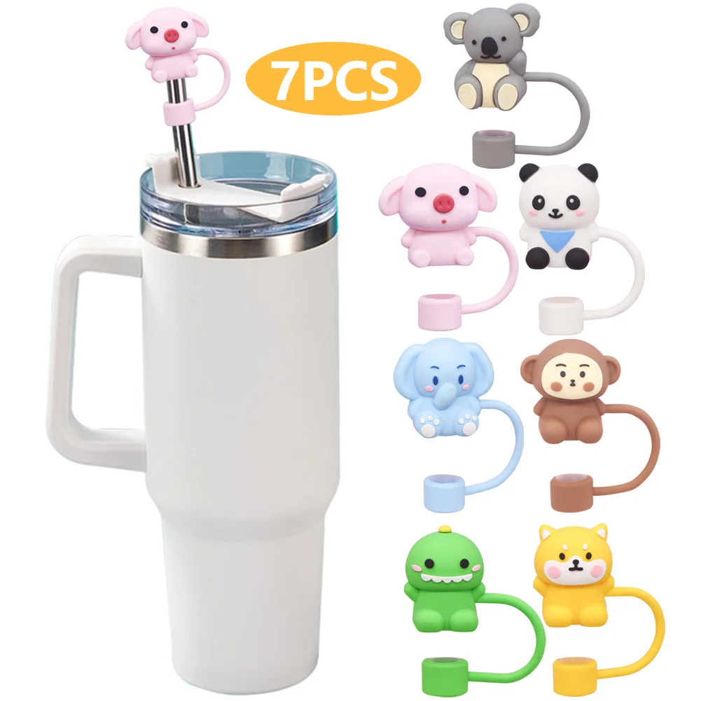 7Pcs Silicone Cute Animals Straw Covers 10mm Animals Straw Tips Protectors Funny Tumbler Straw Plugs for Stanley 30/40 OZ Cups