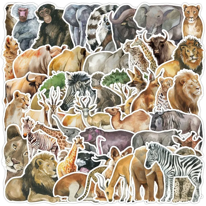 

50PCS Watercolor African Animal Graffiti Sticker Mobile Phone Computer Refrigerator Decorative Sticker Waterproof Sticker