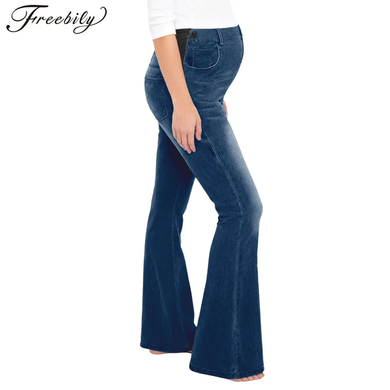 جينز نسائي للأمهات كاجوال متوسط الخصر مرن قابل للتعديل بخصر جانبي قابل للتمدد سروال جرس من قماش الدنيم مع جيوب