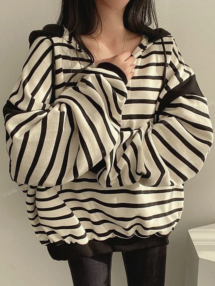 Striped Hoodie Women Autumn Hooded Sweatshirt Female Harajuku Fashion Plush Hoodies Ladies Vintage Loose Long Sleeve T Shirts