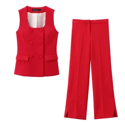 Square neckline sleeveless shirt with button embellishments tank top slit hem high waisted straight leg pants set