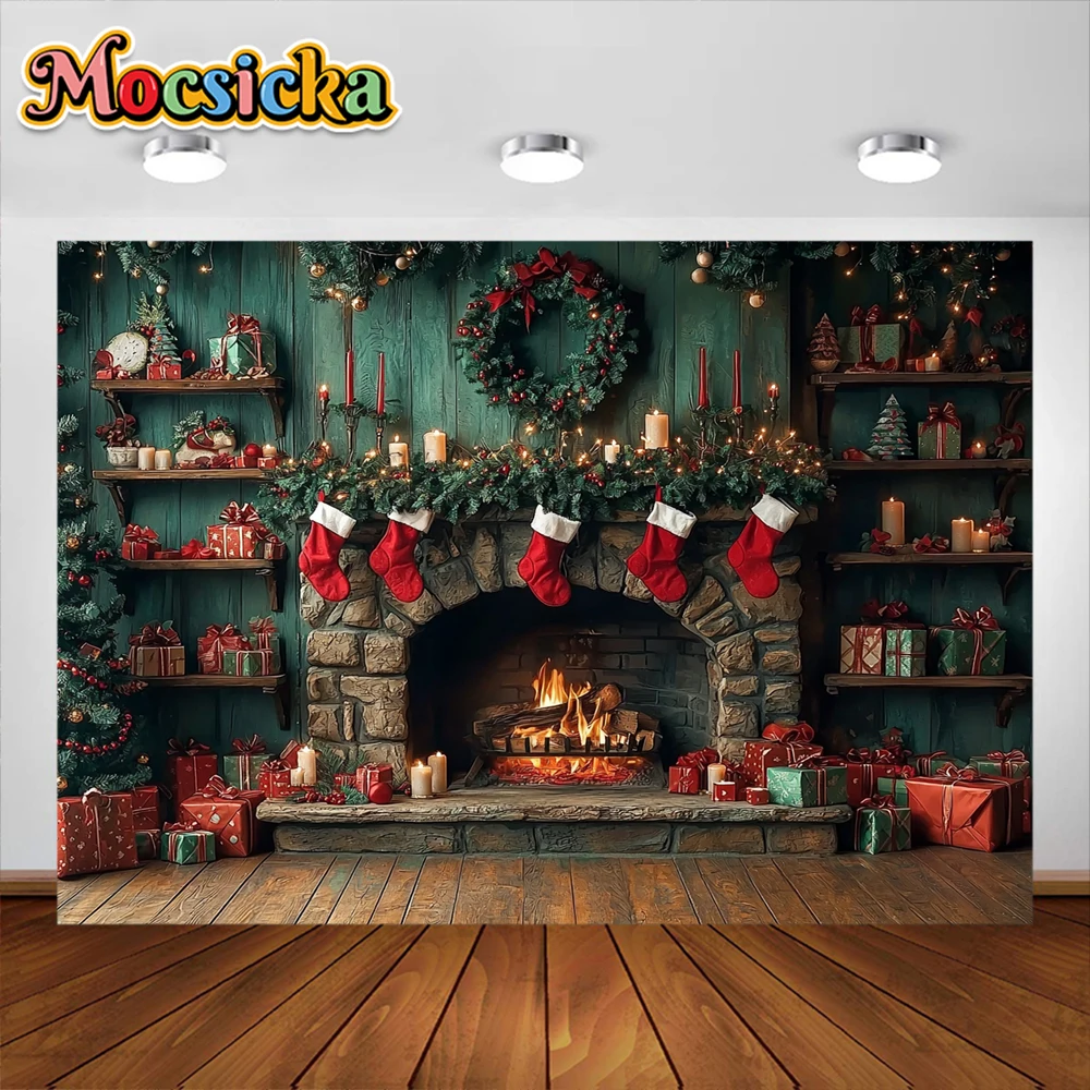 خلفية التصوير الفوتوغرافي لغرفة الكريسماس ، شجرة عيد الميلاد الموقد ، ديكور العطلة ، مستلزمات استوديو الصور العائلية