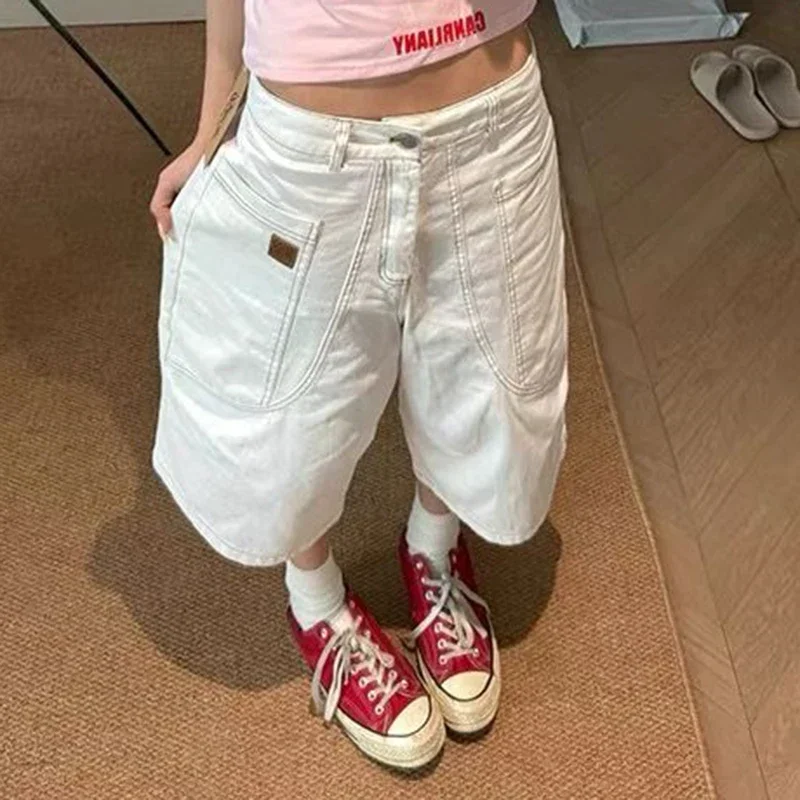 Pantaloncini di jeans bianchi streetwear vintage da donna anni 2000 Y2k pantaloni di jeans a gamba larga retrò americani a vita alta jeans larghi casual chic