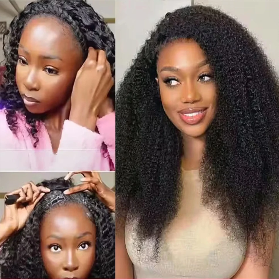 

Kinky Curly Wig Virgin Hair 3 IN 1 Half Wig Human Hair Ready to Wear Headband Wig With Drawstring Glueless Wig 200 Density