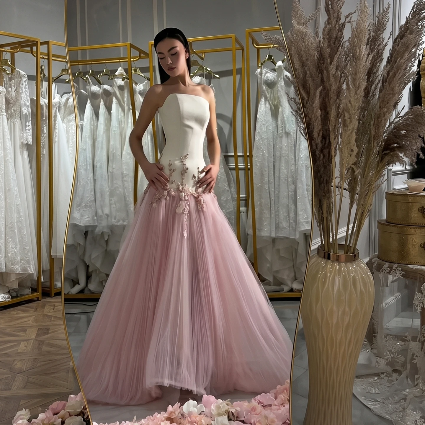Remote Moon Strapless Floral Applique Tulle Evening Dress Elegant Formal Saudi Arabic Wedding Guest Prom Gown Custom MN162