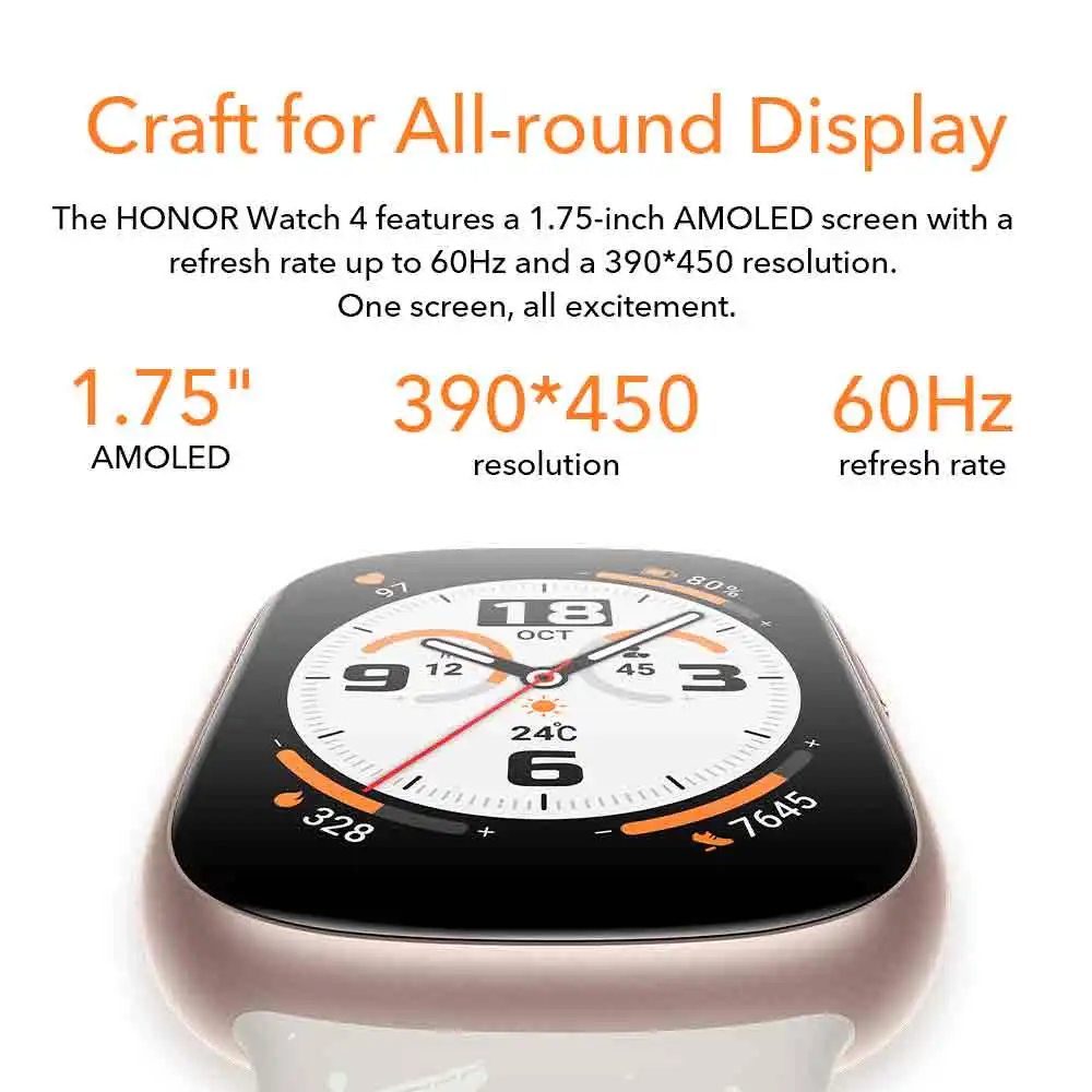 النسخة العالمية HONOR Watch 4 شاشة AMOLED مقاس 1.75 بوصة وبطارية 14 يومًا ومراقبة الصحة الشاملة للاتصال بالبلوتوث