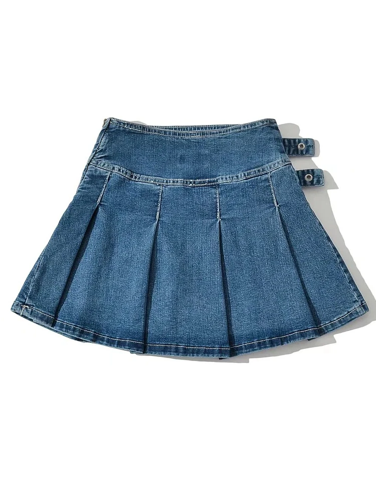 2025 Summer New TARUXY Denim Y2k Skirt with Pleats and Belt 90s E-girl Korean Skirts For Women High Street Jeans Short Bottom