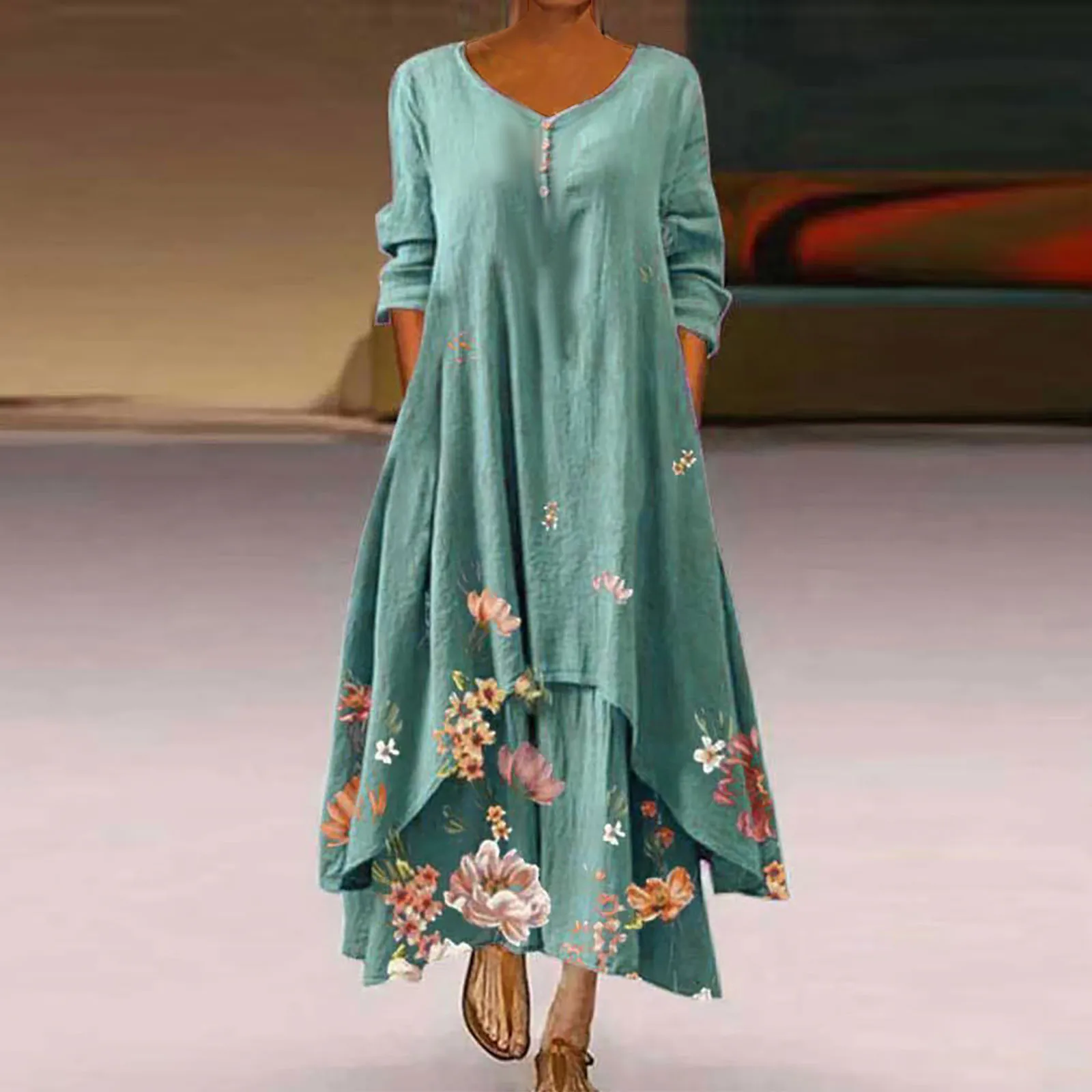 Elegant Floral Printed O-neck Women Dress Fashion Long Sleeve Loose Casual Beach Long Dresses Ladies Boho Dress Vestidos