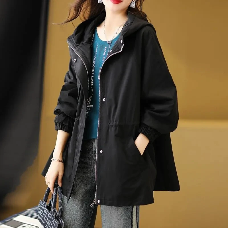 Casual Hooded Windproof Windbreaker Women New Spring Solid Loose Zipper Jacket Mid-Length Drawstring Tooling Coat Lined Tops 4XL