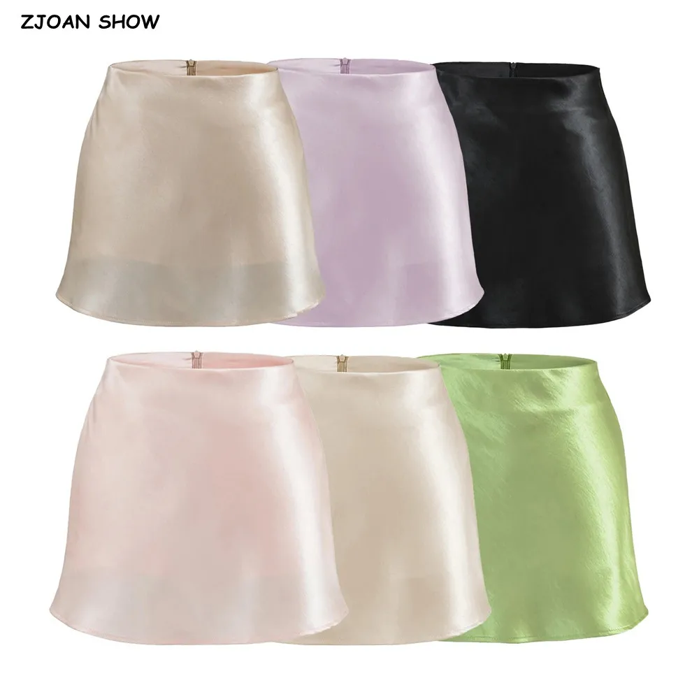 6 Colors Summer Plain Pink Mini Satin Skirt With Shorts Lining Sexy Zipper Waist A-Line Package Hips Short Skater Party Bottom