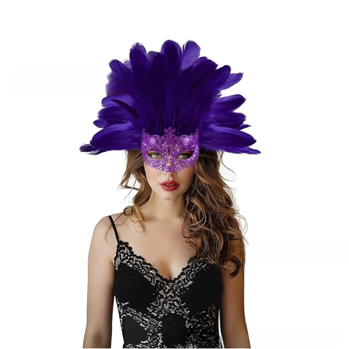 قناع ريش نصف وجه على الطراز القوطي للهالوين للسيدات، قناع كرة كرنفال البندقية