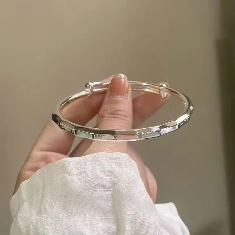 Simple Modern 999 Silver Lucky Engraved Bangle, Bright Polished Faceted Adjustable Push Bracelet for Girlfriend