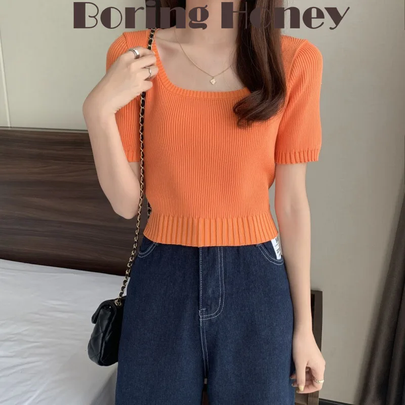 

Boring Honey Fashion Women Blouses Pure Colours Knitting T-Shirt Square Neck Short Sleeves Base Shirt Tops Women Clothing