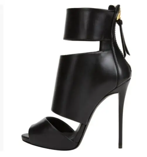 

Sexy Black Matte Leather Peep Toe Hollow Zipper Back High Heel Ankle Boots Women Roman Stiletto Modern Short Booties Shoes