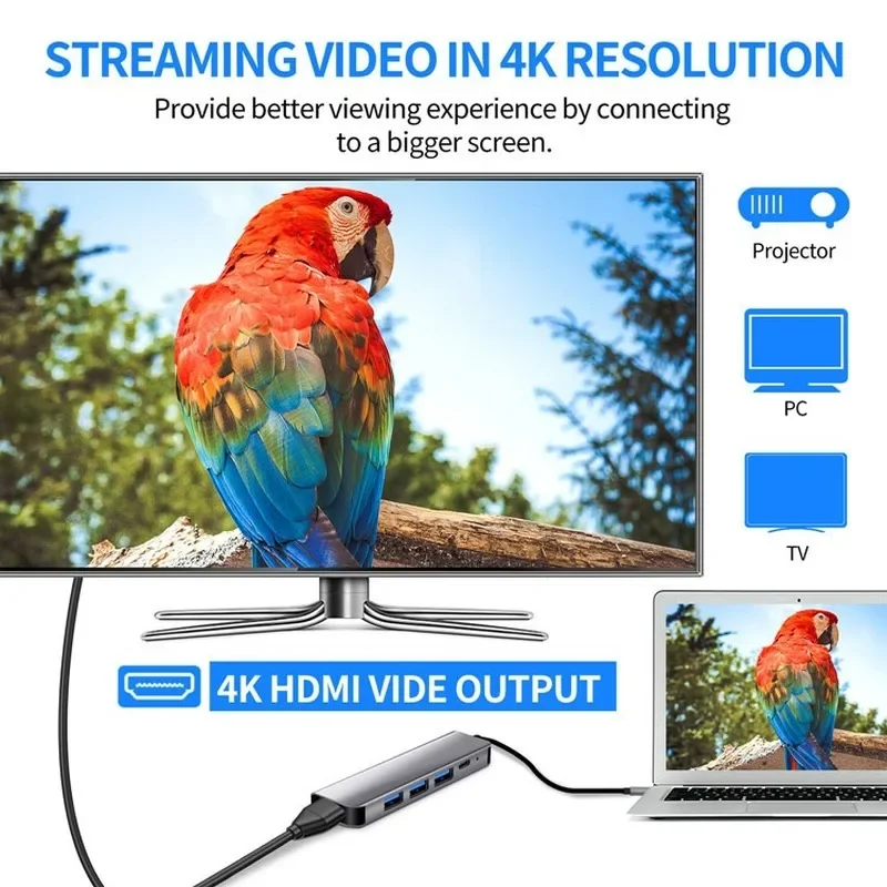 محور USB 3.1 Type-C إلى محول HDMI متوافق مع 4K Thunderbolt 3 USB C Hub مع Hub 3.0 PD لـ MacBook Pro/Air/Huawei Mate