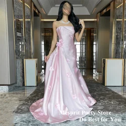 Pale Pink Evening Dress with Train Elegant Strapless Sleeveless Sweep Train Satin Party Gown Flower Prom Dresses Formal Occasion