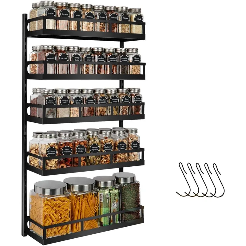 Wall Mount Spice Rack Organizer 5 Tier Height-Adjustable,for Kitchen Pantry Cabinet, Dual-Use Seasoning Holder Rack with Hooks