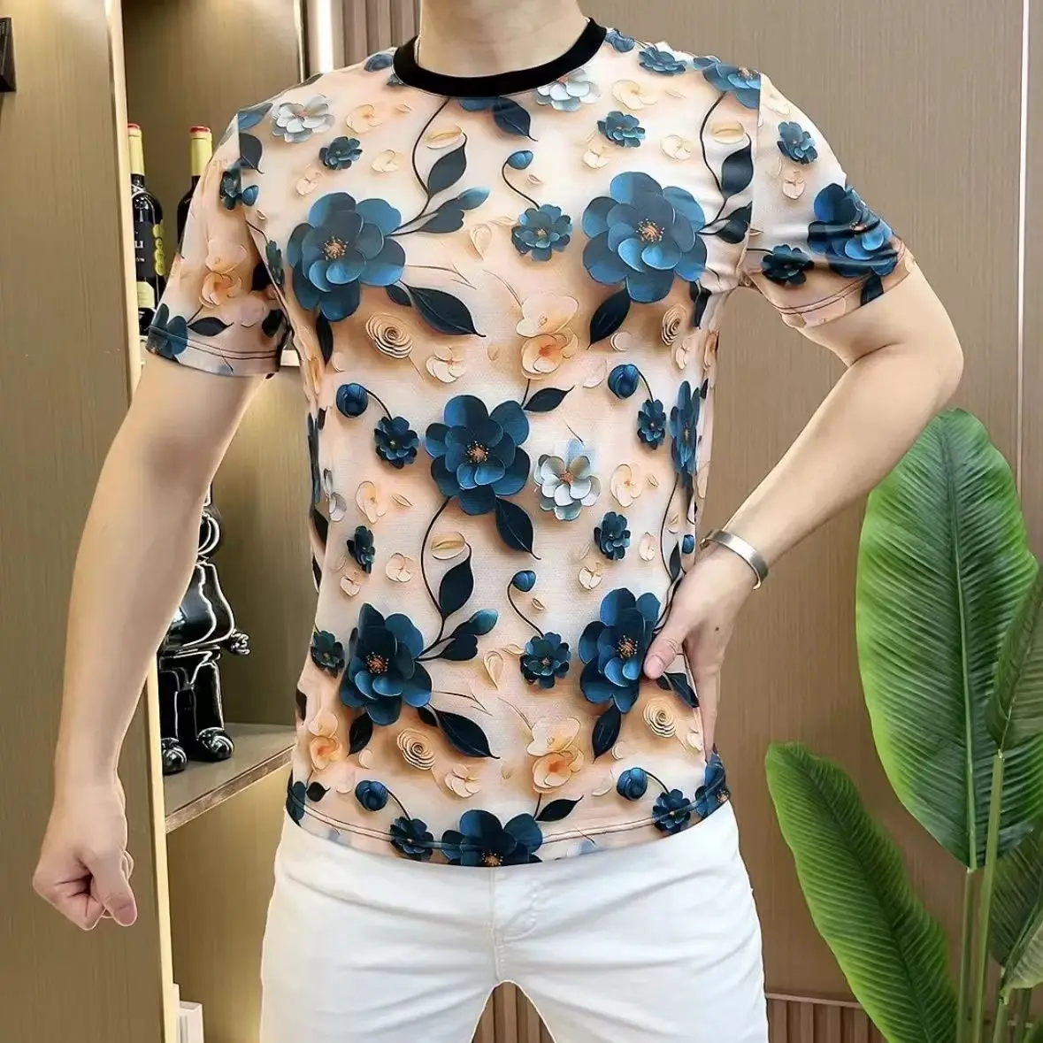 3D Flower T-shirts Men Summer Short Sleeve Casual Tshirts Slim Fit Elastic Breathable O-neck Streetwear Social Tee Tops M-5XL