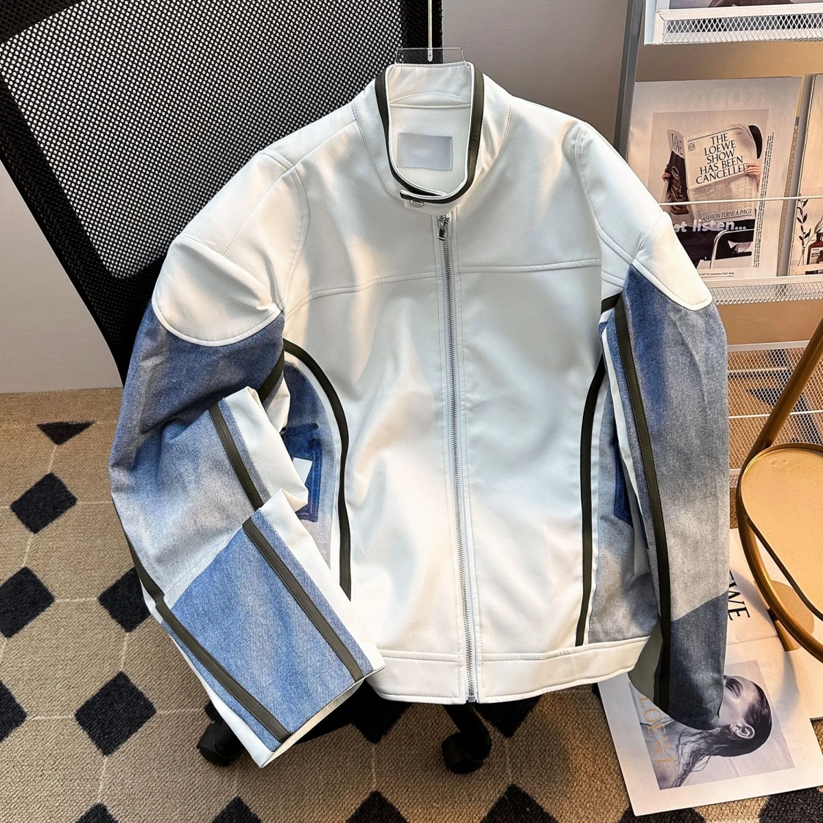 

Autumn Winter Leather Jaet Stand Collar ex Street Sle Denim Patchwork Racing Suit Loose Fit Trendy Outerwear Coat