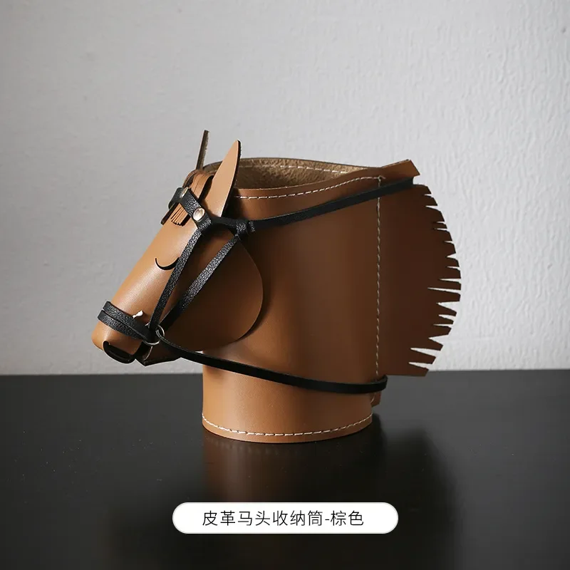 Premium Light Luxury Leather Horse Head Storage Box Pen Holder Remote Makeup Brush Organizer Desktop Decor for Living Room Study