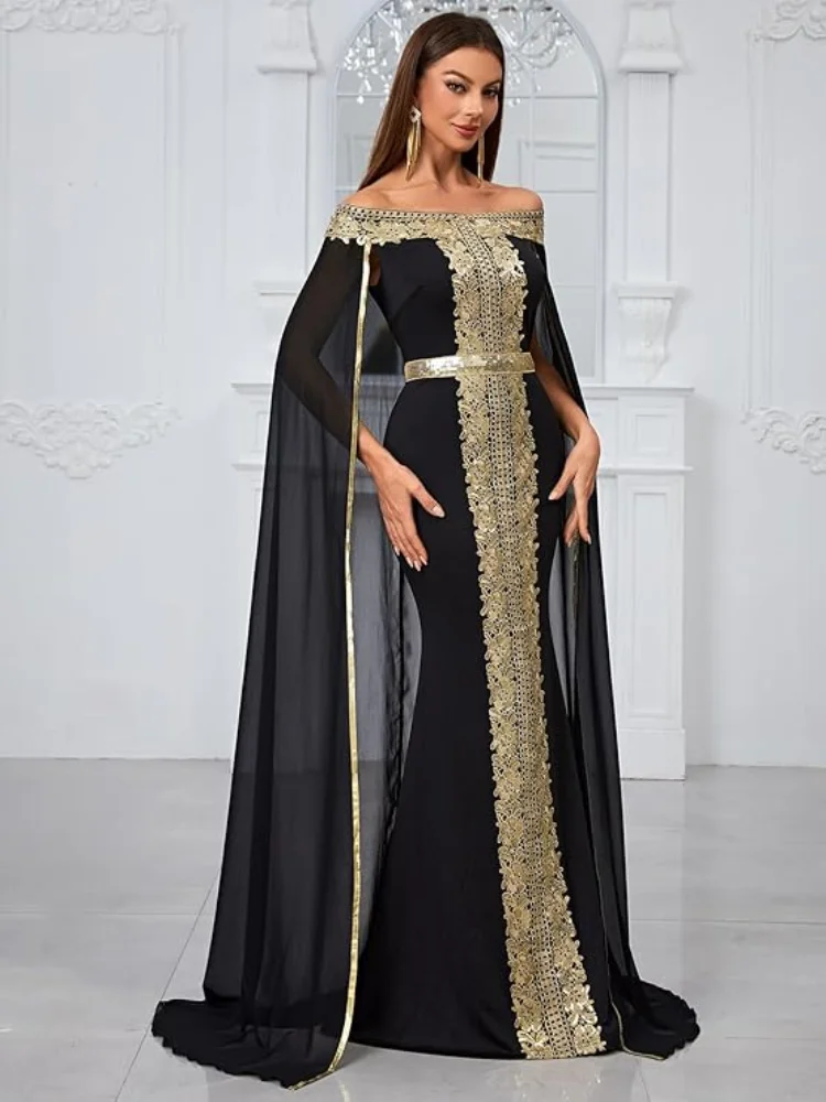 Gala Evening Party Dress Women's Prom Cape Dress with Pageant Shower Gown Black Gold Appliques Chiffon Dress