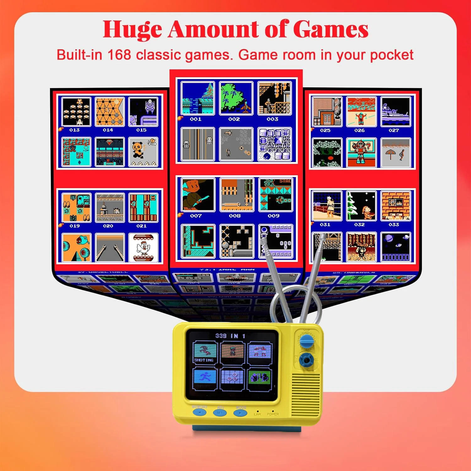 وحدة تحكم ألعاب تلفزيون صغيرة ريترو مع وحدة تحكم لاسلكية مدمجة 168 لعبة كلاسيكية مشغل ألعاب محمول يدعم مخرج AV للأطفال