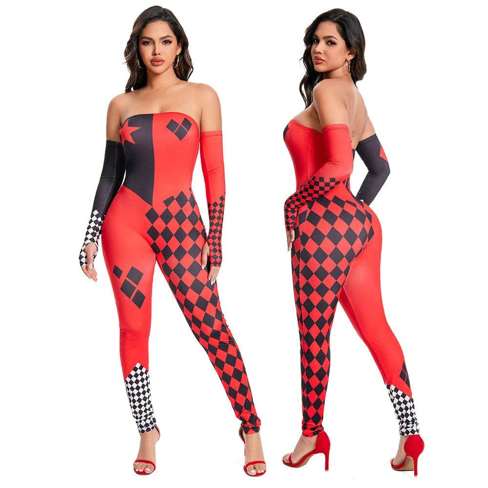 

2pcs/set Harley Q Costume Halloween Red Strapless Jumpsuit for Women Sexy Bodysuits Cosplay Party Clothes Stage Performance Set