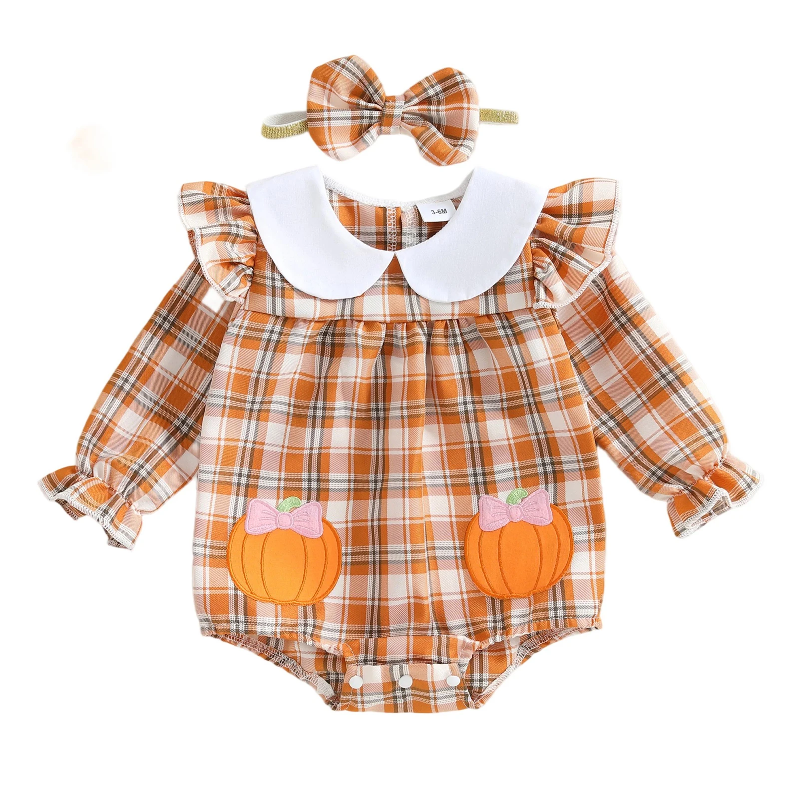 

Клетчатый комбинезон для маленьких девочек, комбинезон с кукольным воротником и вышивкой Санта-Клауса и милый комплект с повязкой на голову на Рождество, Хэллоуин