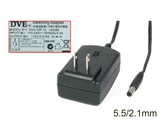 Power Adapter DSA-10P-12, 12V 0.8A, Barrel 5.5/2.1mm, US 2-Pin Plug