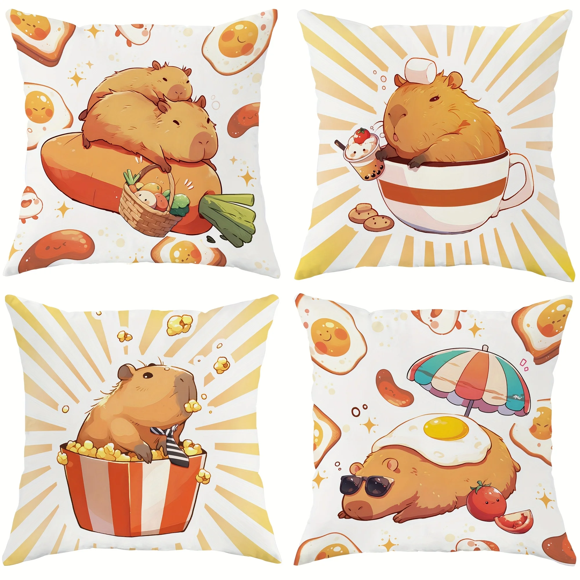 

4 шт. наволочки DE — милая забавная капибара с дизайном яиц моркови, попкорна, мягкая бархатная застежка-молния, можно стирать в машине
