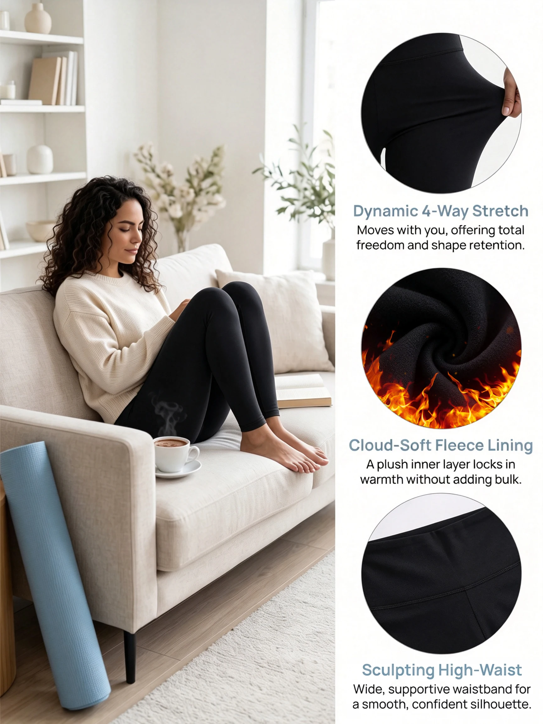 Plus-Size-Fleece-gefütterte Leggings für Damen, hochtailliert, bauchkontrollierend, für Workout, Winter, thermisch, warm, weiche Yogahose – Detail 3