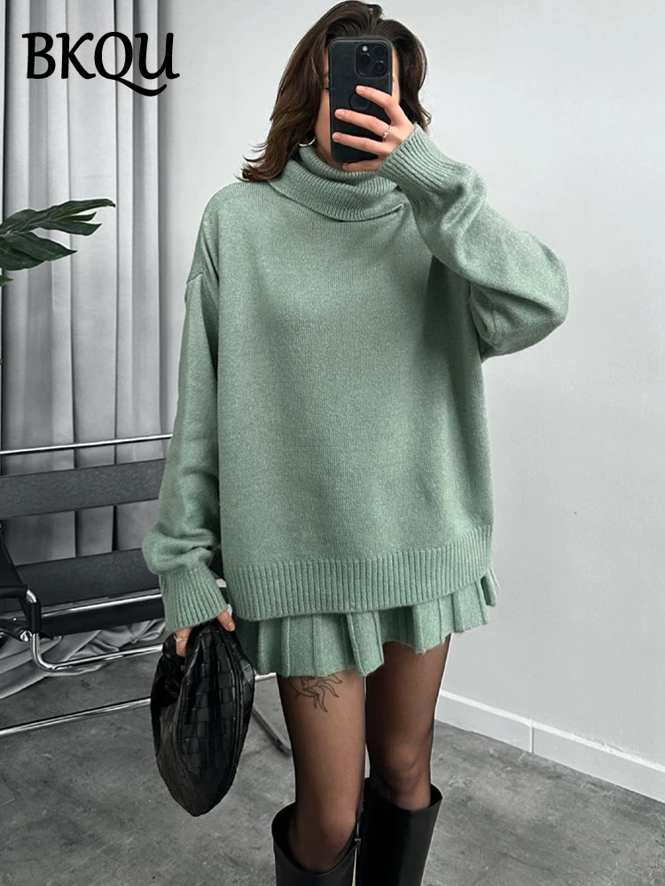 BKQU Elegant Pleated Mini Skirt 2-piece Set Women Fashion Loose Turtleneck Sweater Elastic High Waist A-Line Knitted Skirt Set