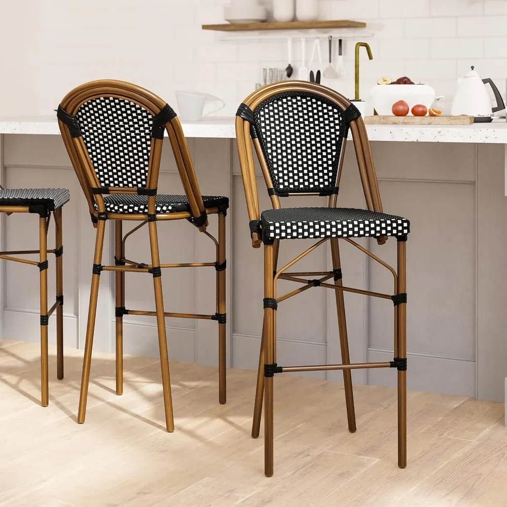 

EMMA + OLIVER Soie Bistro Bar Stool - Stacking Indoor/Outdoor PE Rattan Bar Stool with Bamboo Finish Frame - 30" High - Set of T