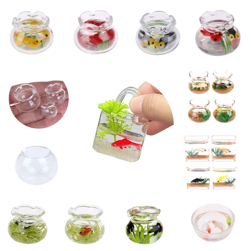 14 STYLES Dollhouse Mini Glass Handbag Transparent Vase Fish Tank W/Package Box For Dolls House Decor Accessories