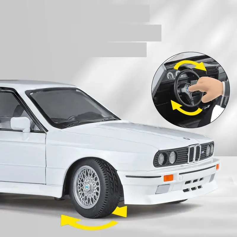 1/24 BMW M3 E30 장난감 자동차 모델, 다이캐스트 금속 차량 미니어처 풀백 사운드 라이트 도어, 어린이 남아용 오픈 컬렉션 선물