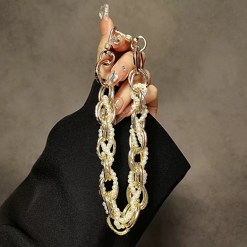 Luxury Pearl Silver Mobile Phone Lanyard Wrist Strap Lady Hand-held Chain Short Anti-lost Cell Phone Earphones Cute Key Pendant