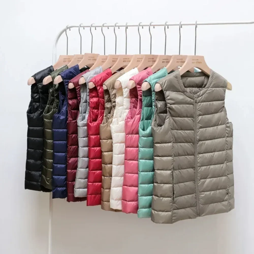 Down Sleeveless Jacket Female 2024 New Women Autumn Winter Ultralight Thin Packable O-Neck Casual Fashion Down Zipper Vest Coats