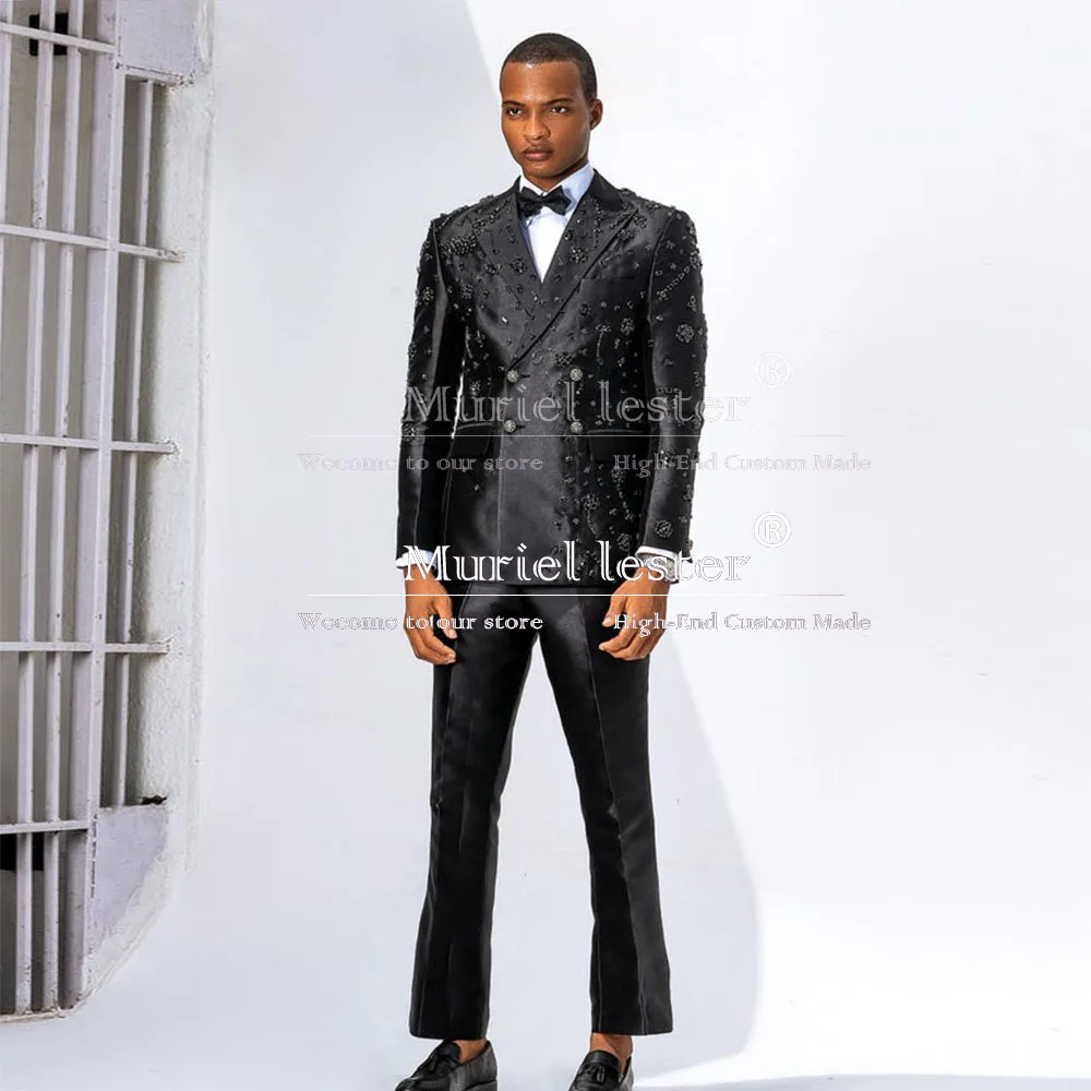 Sparkly Beaded Ornament Tuxedos Men Suit Double Breasted Wedding Groom Male Prom Blazer 2 Pieces Customized trajes para hombre