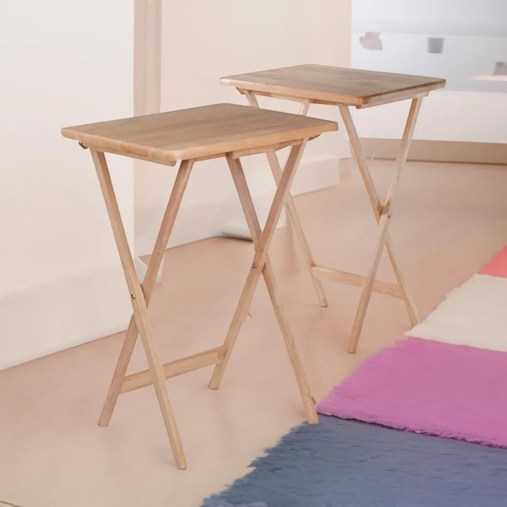 2-Piece Lacquered Wooden Snack Table Set: Foldable Rectangular Tray Tables for Snacks Beverages Books and More