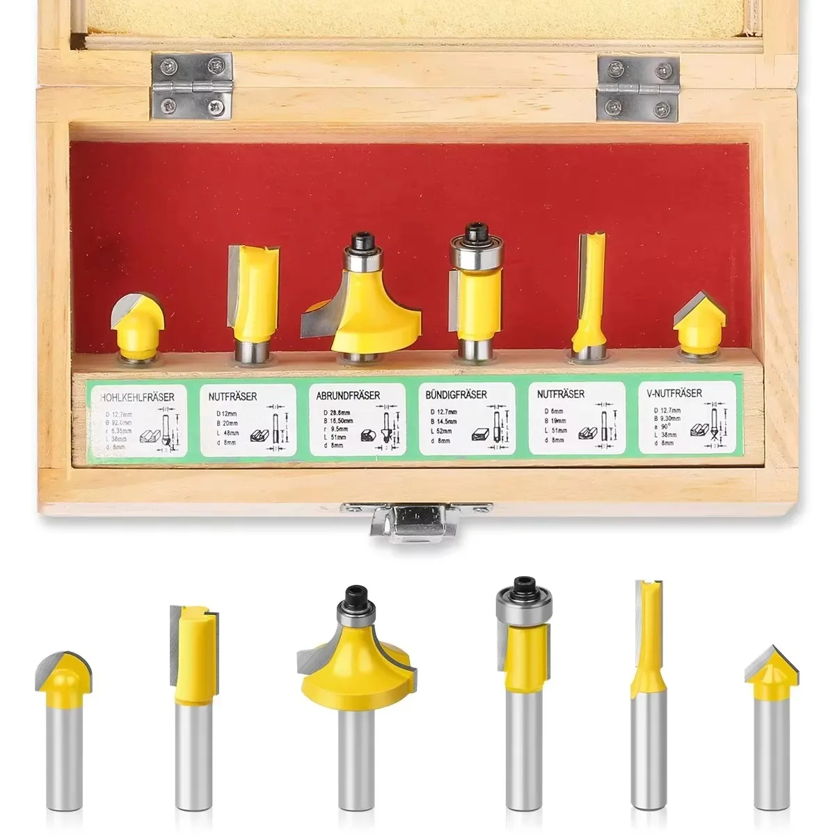 

6Pcs Set of 8mm Shank Woodworking Router Bits Milling Cutters, Engraving Machine Milling Cutter Head and Bakelite Milling