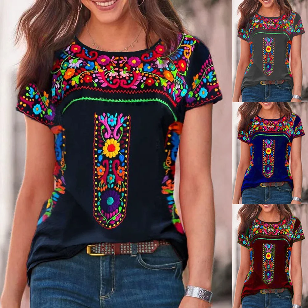 Camiseta de manga corta con estampado Floral bohemio para mujer, Tops de cuello redondo, blusa suelta informal de verano, ropa de talla grande