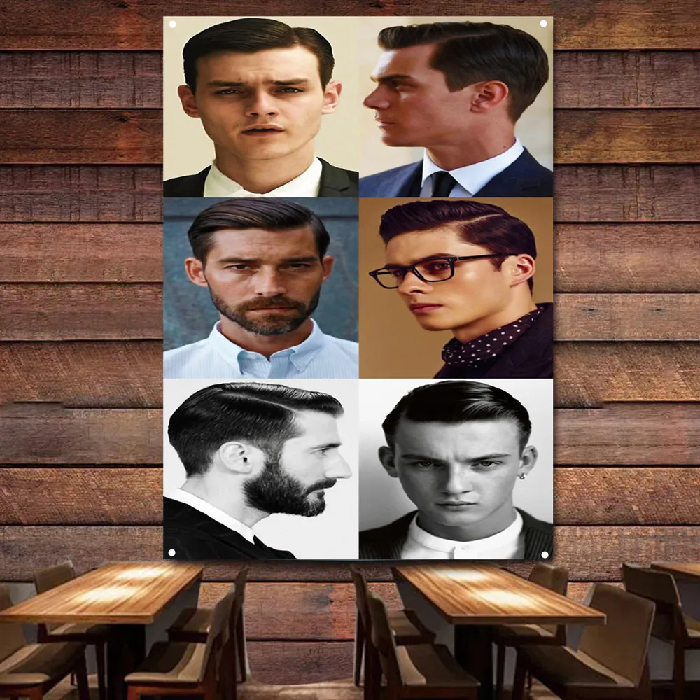 Fashion Men's Business Hairstyles Poster Vintage Barber Shop Man Cave Wall Decor Banner Flag Hair Salon Hairstyling Wall Charts