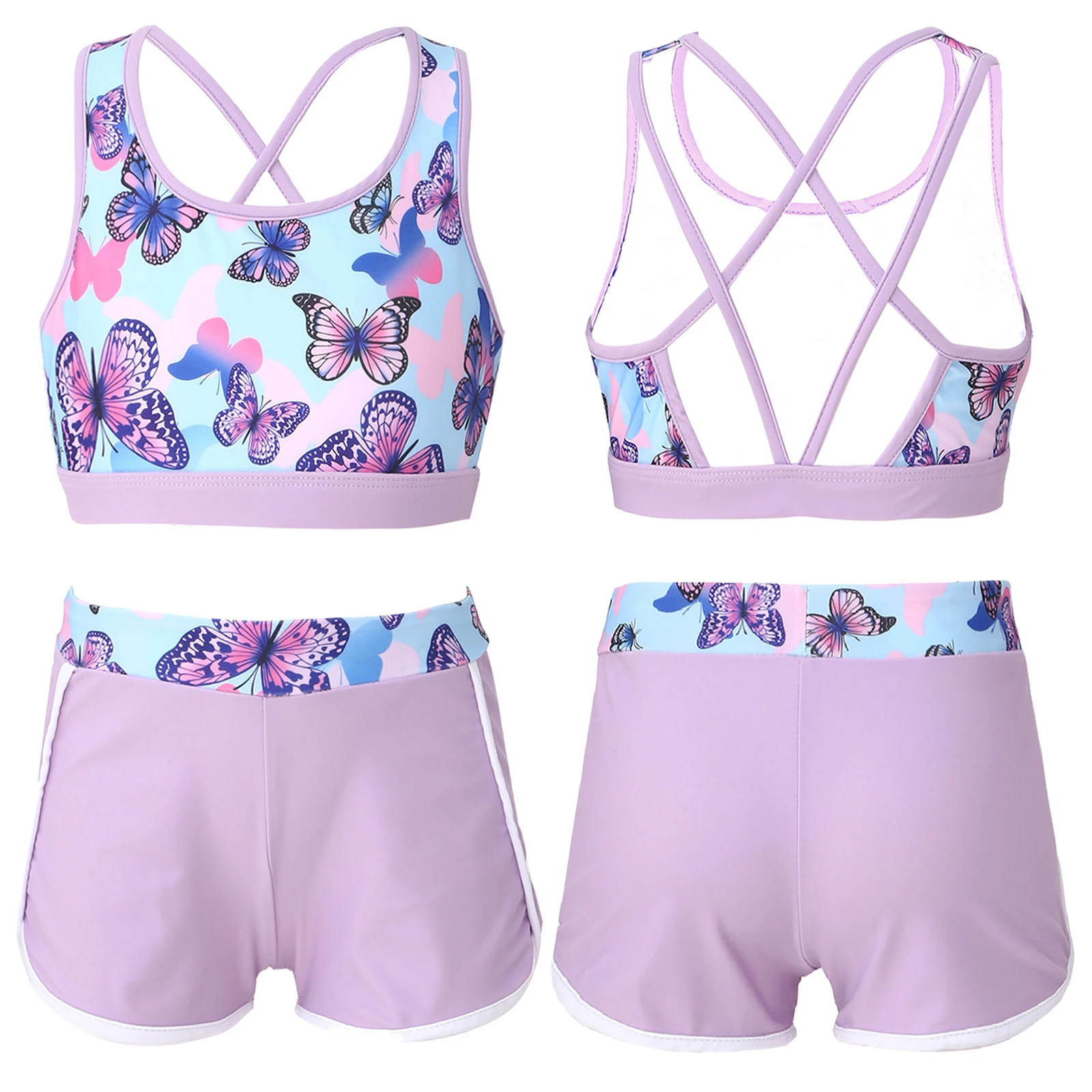 

2Pcs Kids Girls Printed Swimsuit Outfit Strappy Back Crop Top+Shorts Bottoms Set Swimwear for Beach Pool Swimming Bathing Suit