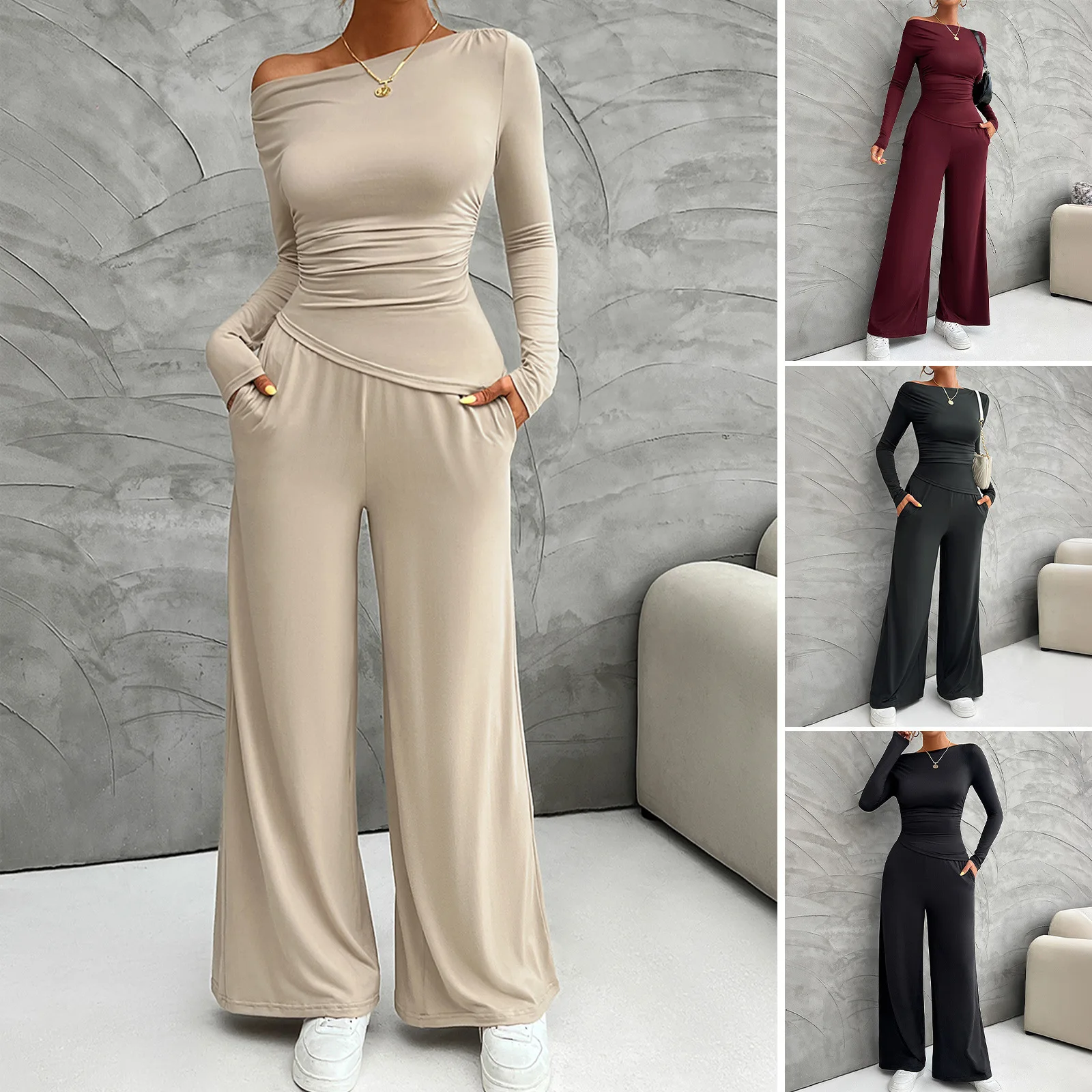 

2024 Autumn and Winter Women's Y2K Slim Fit Long Sleeve Top Wide Leg Pants Set Ensemble Femme 2 Pièces Été