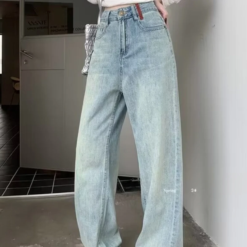 Fashionable Embroidered High-waist Wide Leg Jeans For Women In 2024 Spring And Autumn Seasons Loose Slim And Floor Length